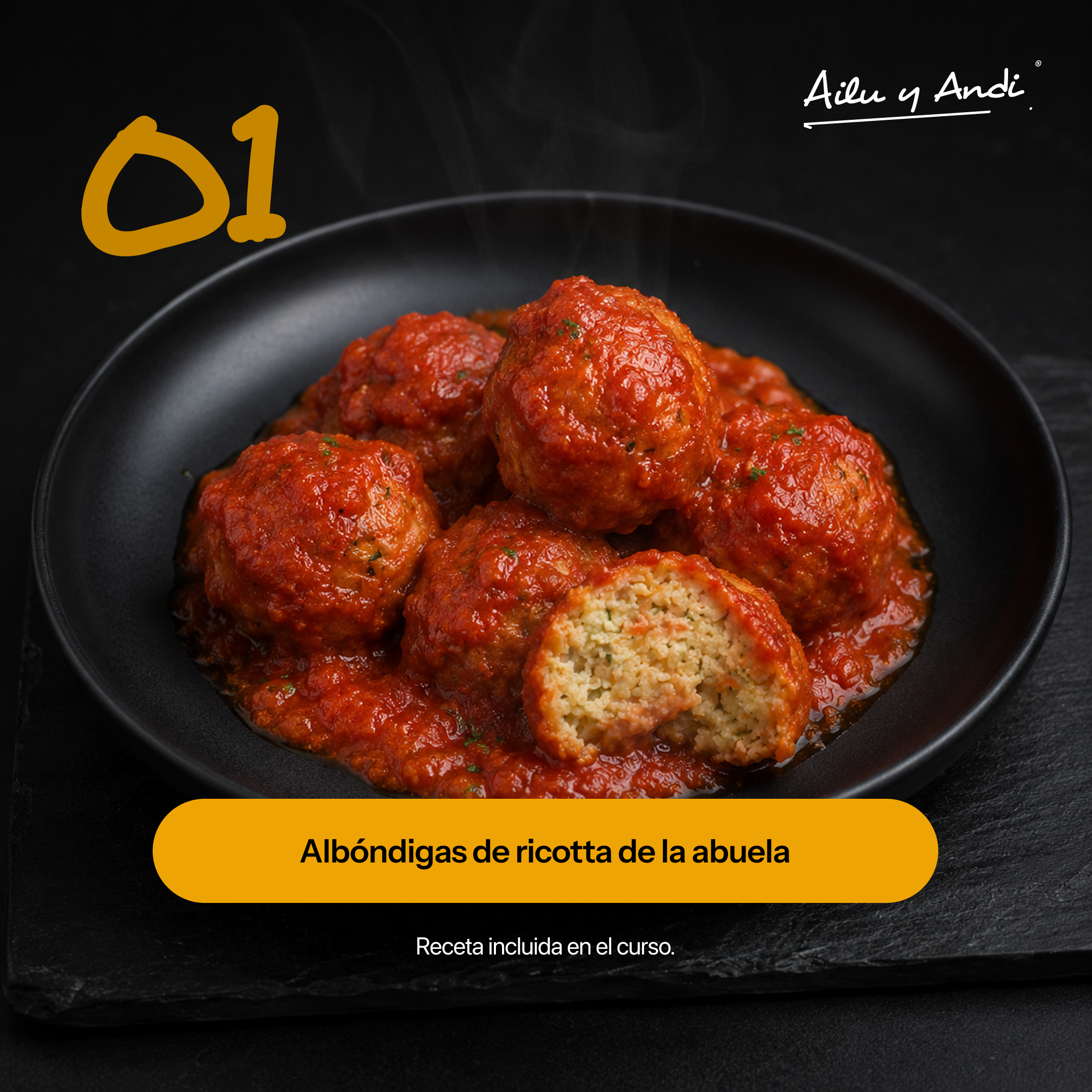 Albóndigas de ricotta de la abuela con salsa roja, una receta riquísima del curso de Ailu y Andi.