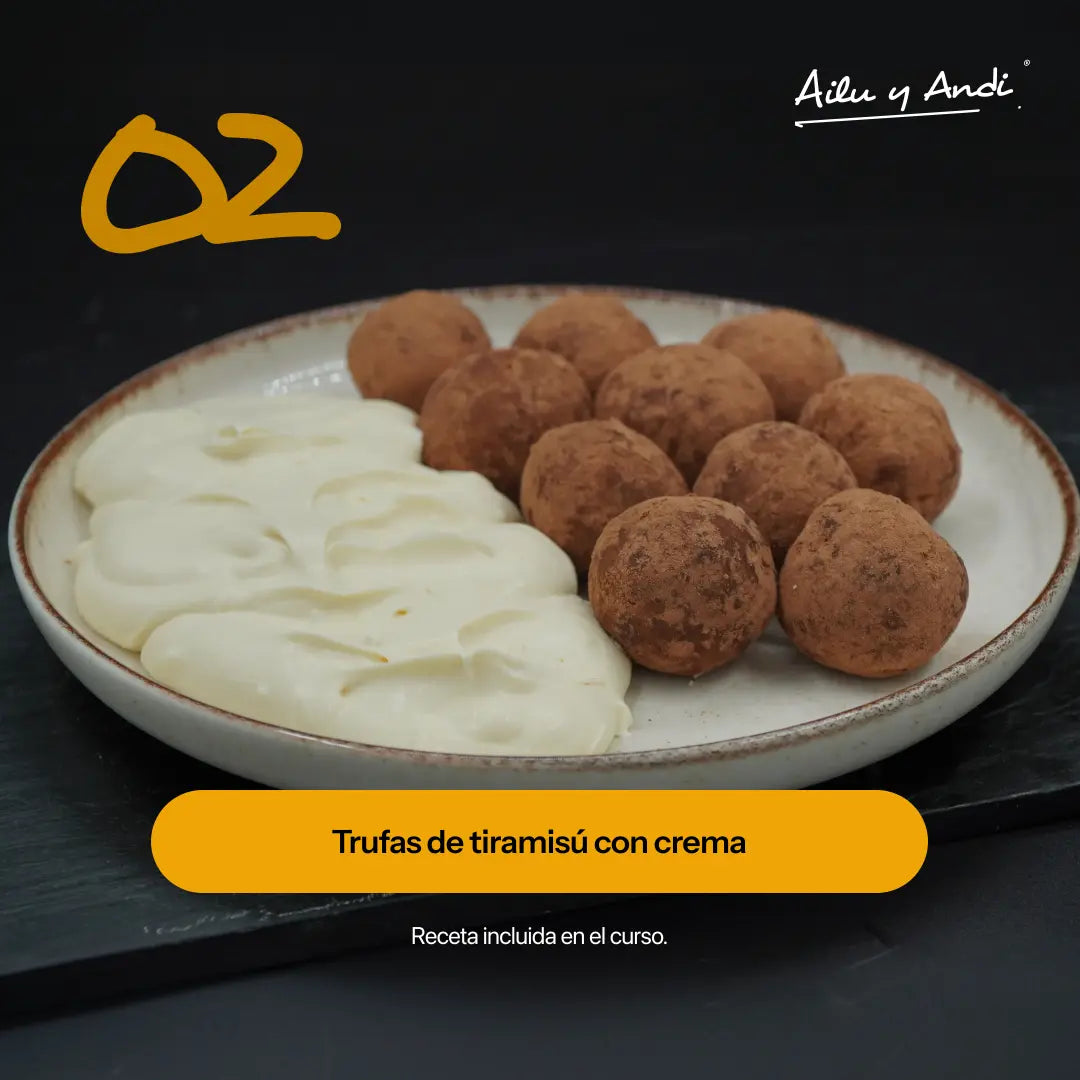 Trufas de tiramisú con cacao y abundante crema en plato, receta de Ailu y Andi.