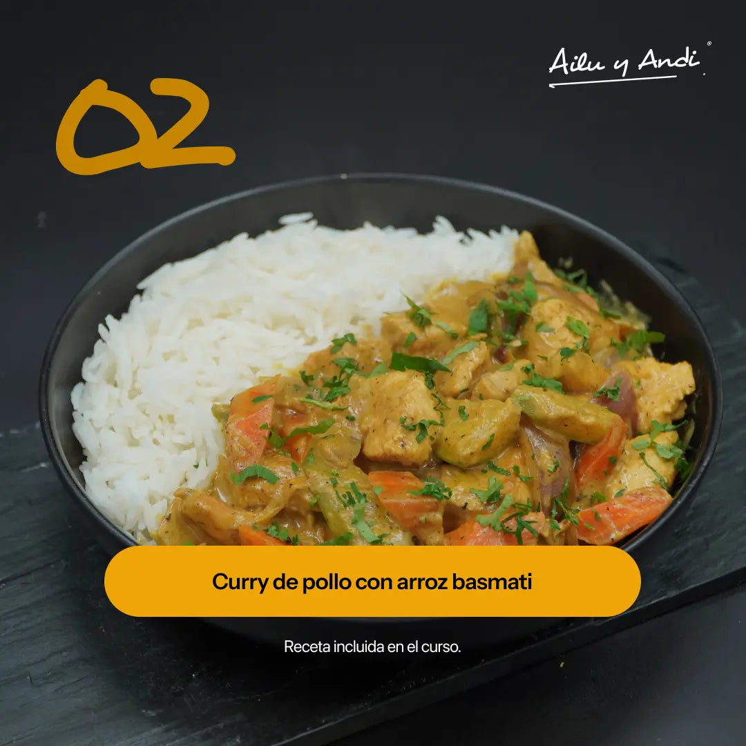 Plato de curry de pollo con arroz basmati, una receta riquísima del Curso 02 Ailu y Andi.
